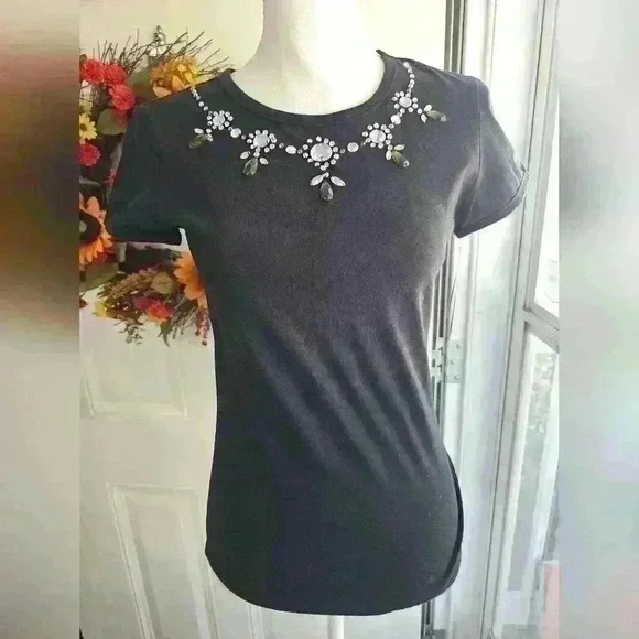 Behnaz Sarafpour black tshirt with bejeweled Neckline M - Picture 1 of 4